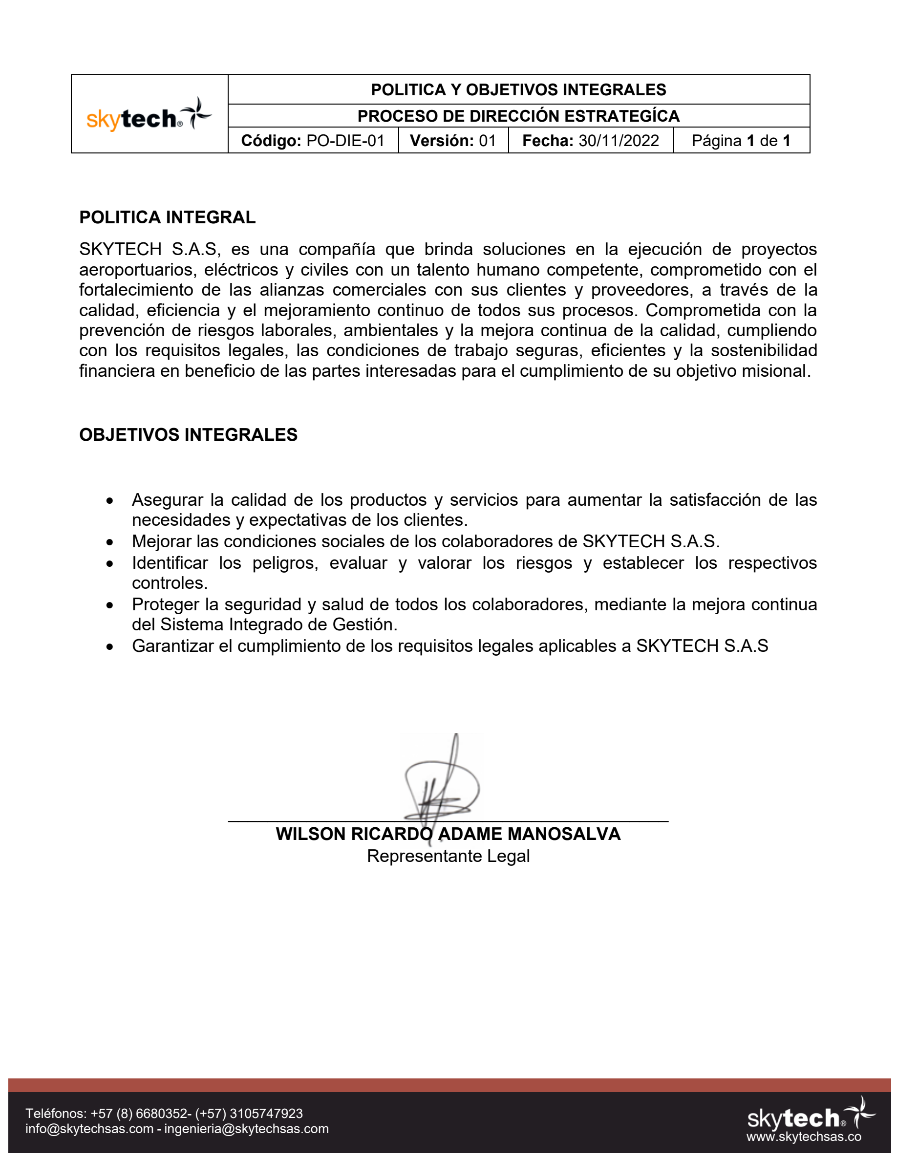 PO-DIE-01: Política y Objetivos Integrales