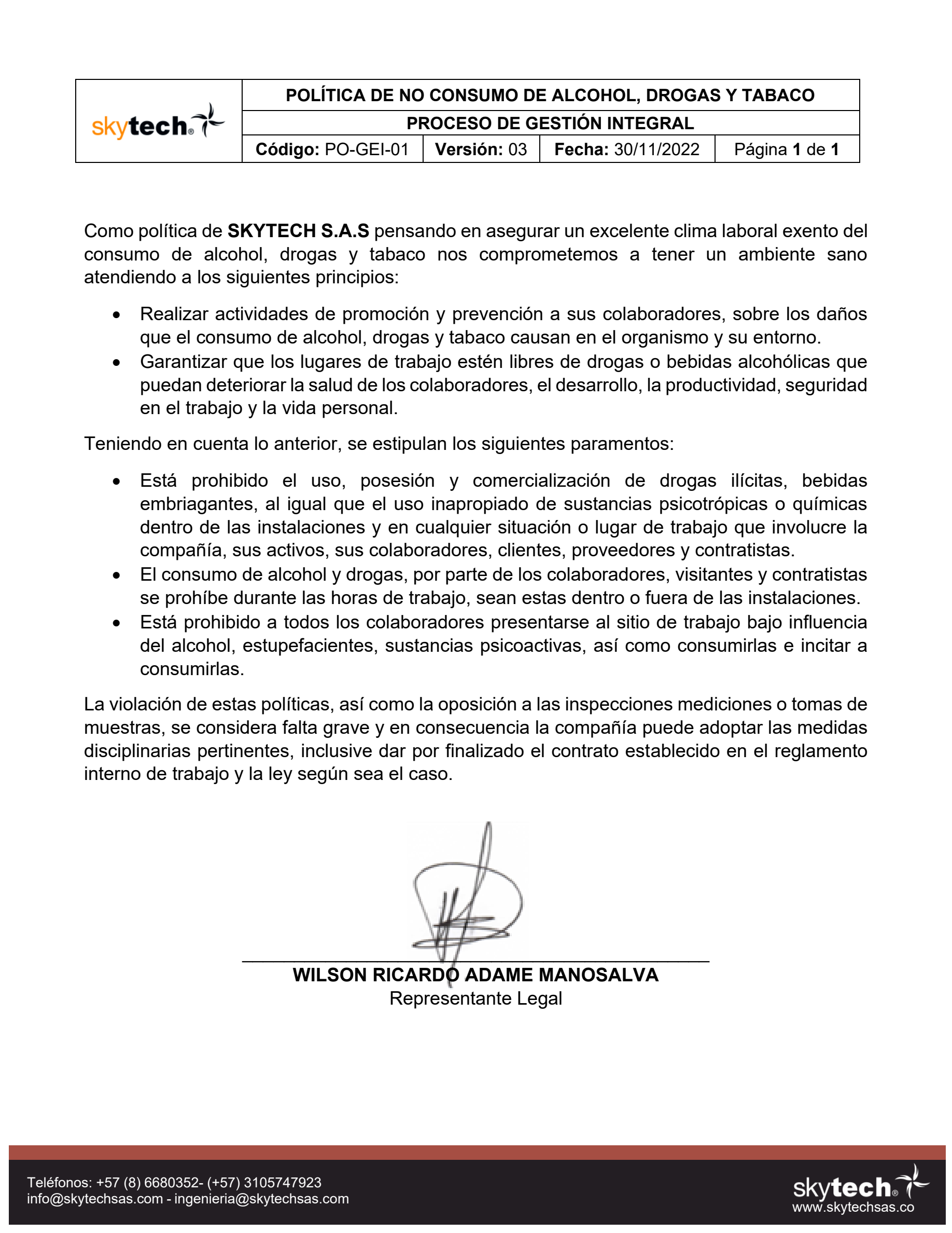 PO-GEI-01: Política de No Alcohol, Drogas y Tabaco